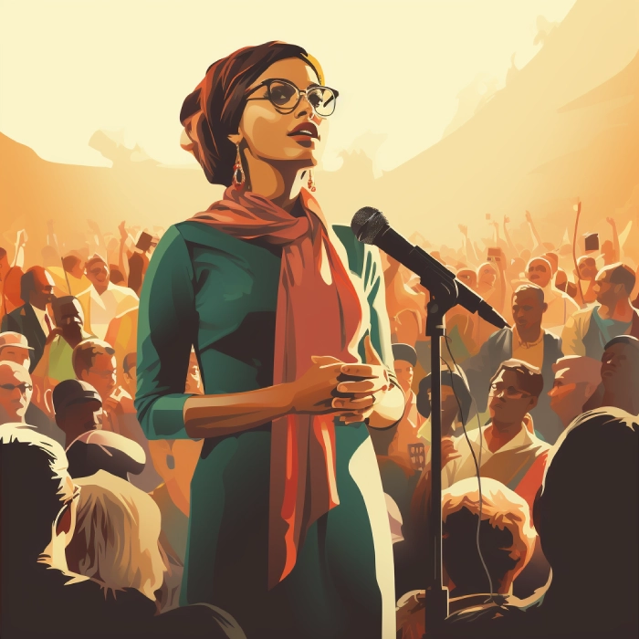 a woman giving a political speech to a large crowd
